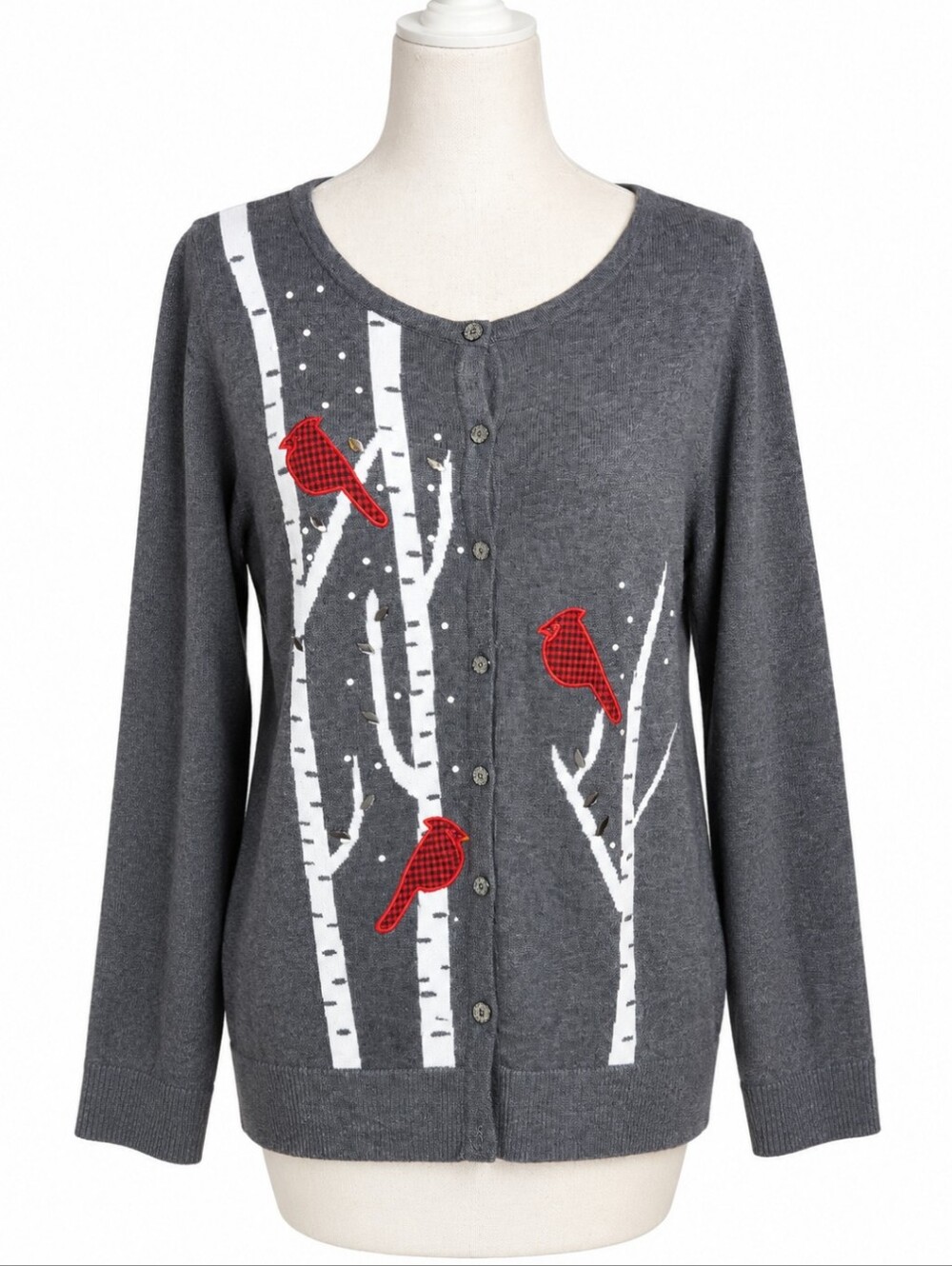 CJ Banks Gray Cardinal Appliqué Cardigan Sweater Christmas Holiday Cottagecore